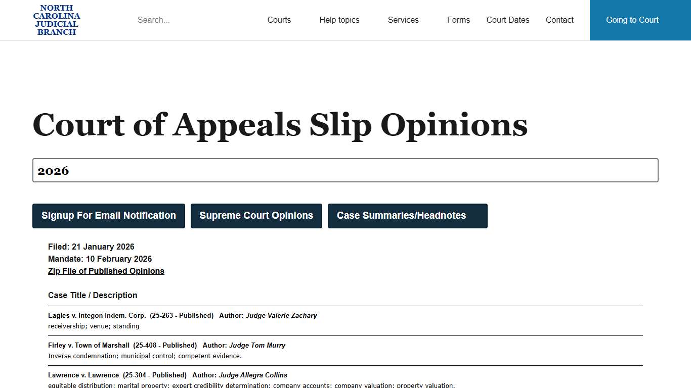 Court of Appeals Slip Opinions for 2026