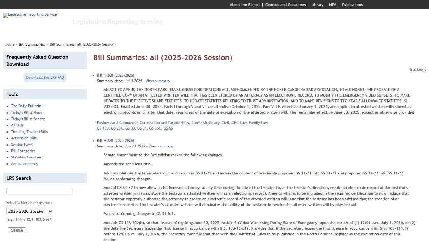 Bill Summaries: all (2025-2026 Session) Legislative Reporting Service
